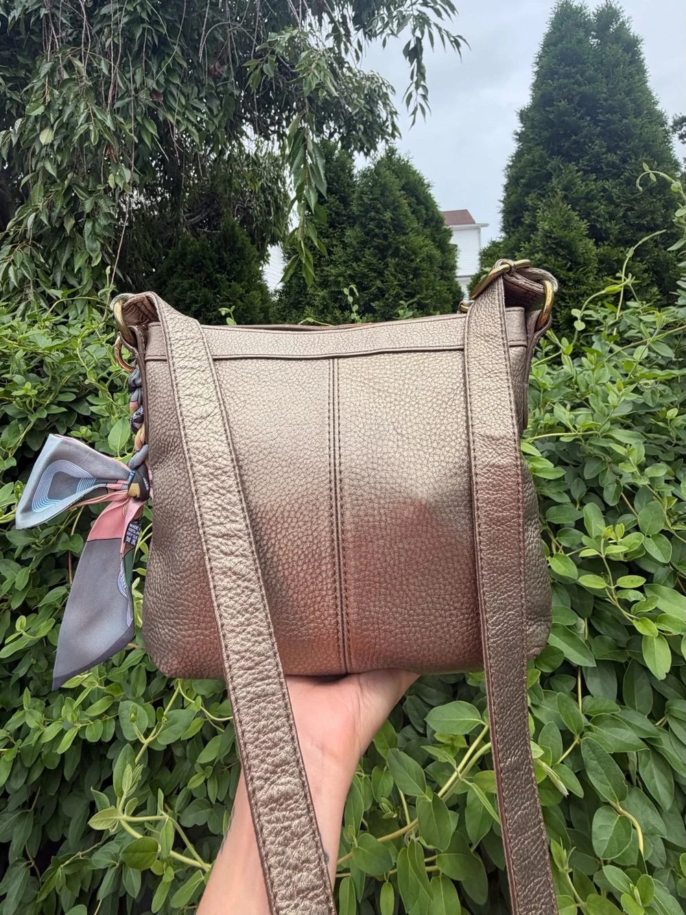 Fossil Metallic Taupe Pebbled Leather Crossbody with Scarf Accent